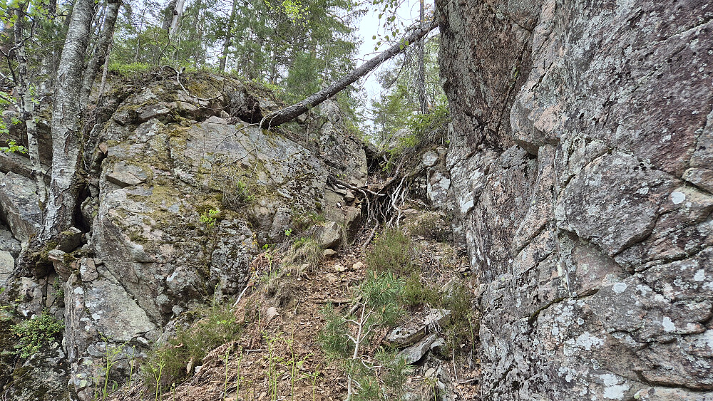 Her gikk jeg ned den nederste skrenten under nedstigningen fra Nordheia (409). En liten kløft med to trinn gjorde det lett å komme ned. Det var en liten sti i denne passasjen.