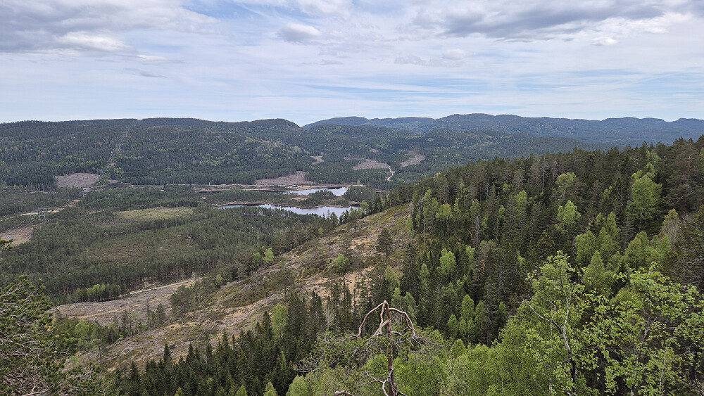 Flott utsiktsplass på returen, i luftlinje 350 meter nordøst for toppen av Åslandsfjellet (358). Bildet tatt mot sørøst. Åsen til venstre hvor det går en kraftlinje, er Surtefjell (424).