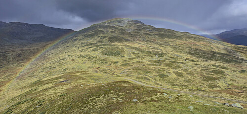 Looking back at a rainbow above Øyastølsfjellet